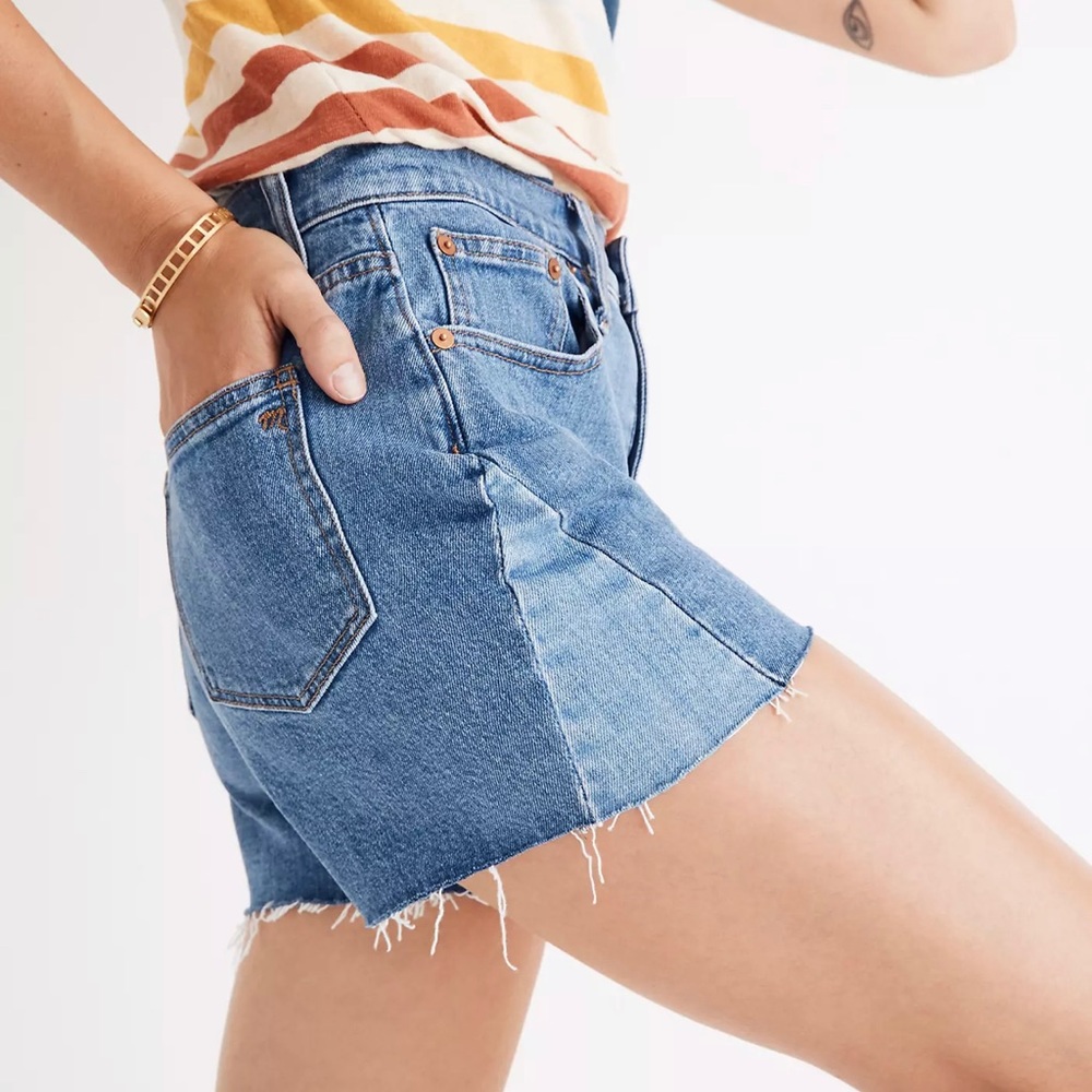 Madewell High Rise Denim Jean Shorts: Pieced Edition J0530 Patchwork Raw Hem 25 - Picture 5 of 16